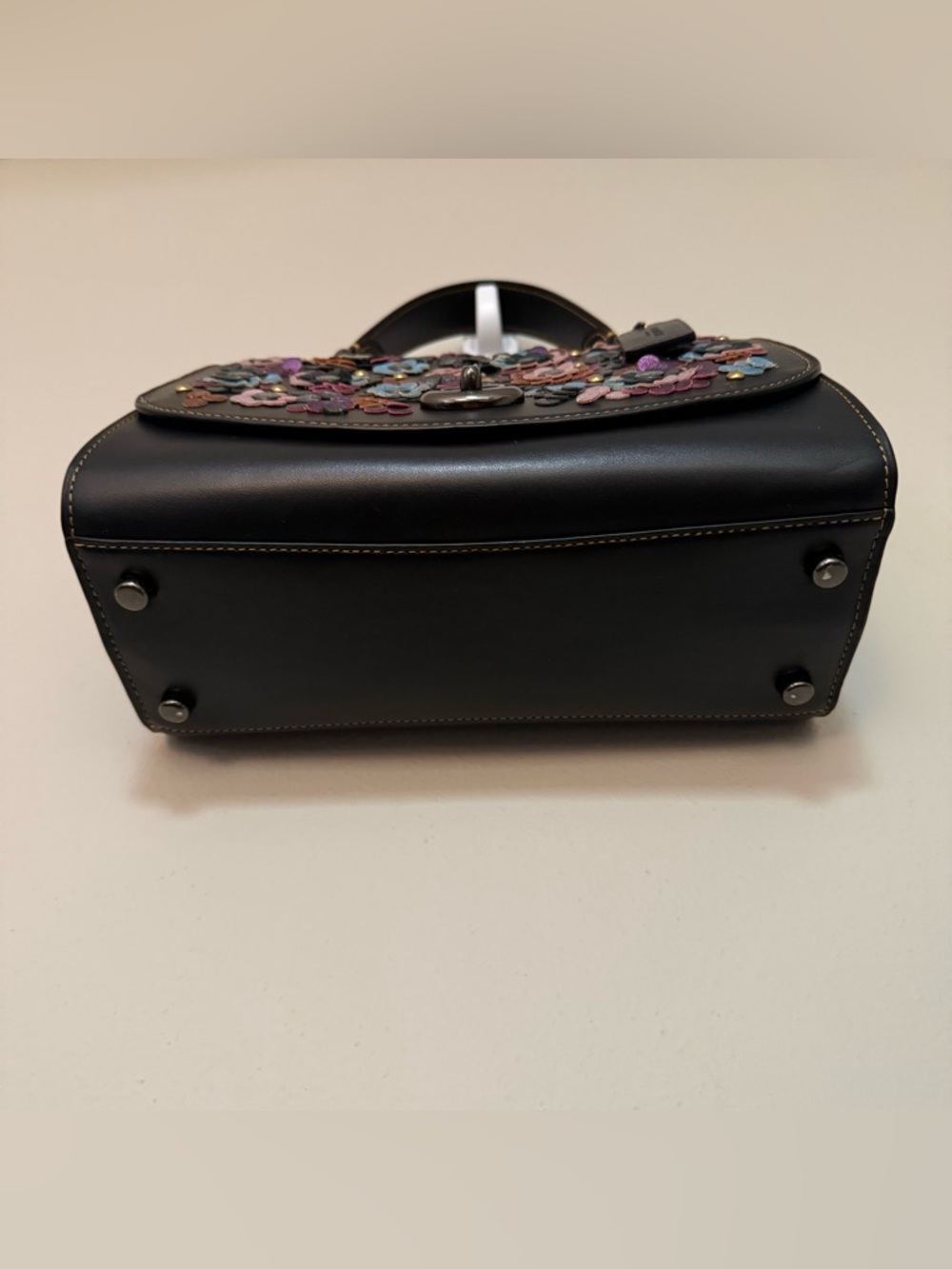 RARE Coach Tilly Top Handle Black Satchel with Colorful Floral Appliqué - F80213 - Picture 3 of 11